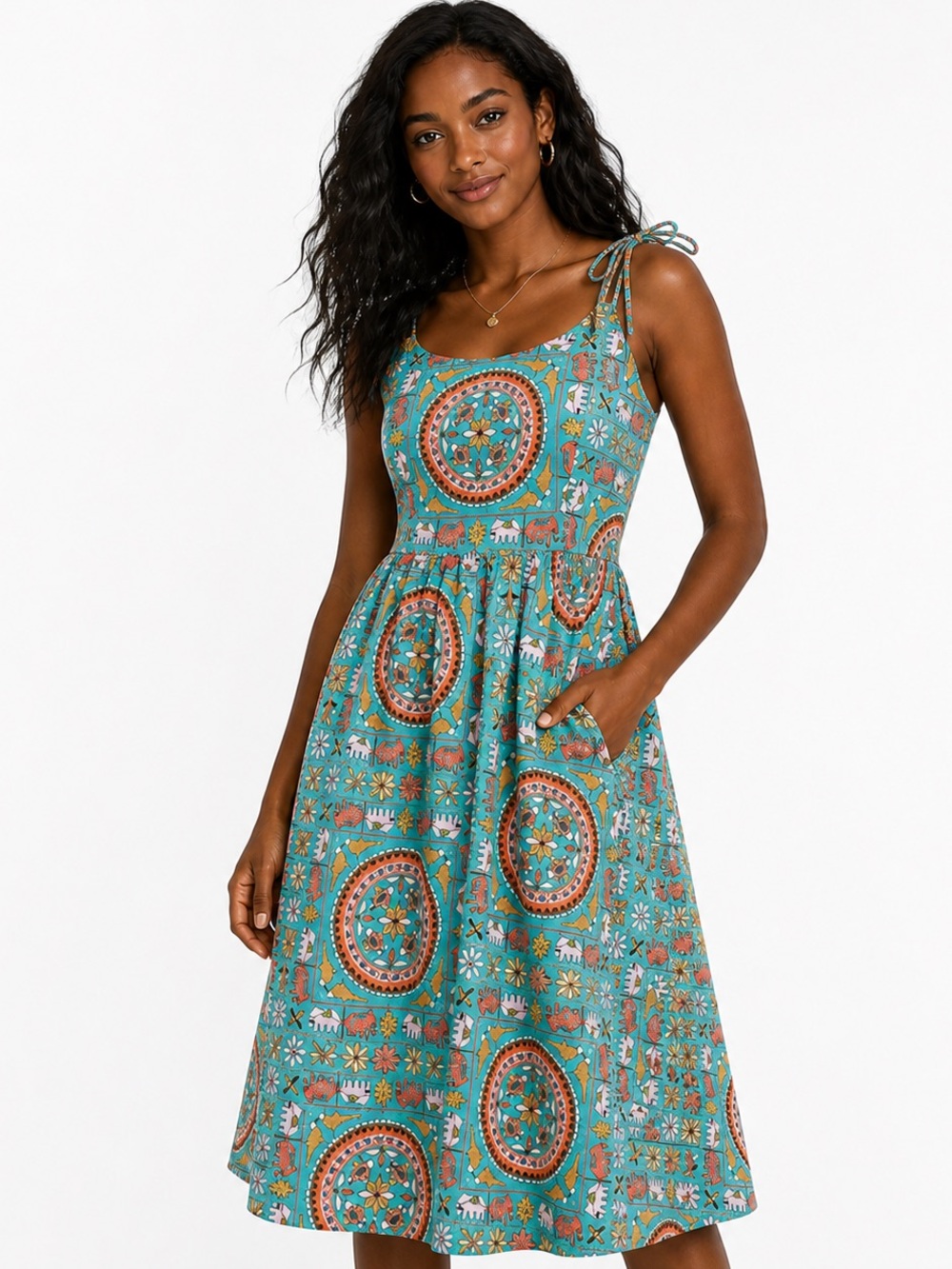 J. Crew Turquoise Printed Tie-Shoulder Midi Dress